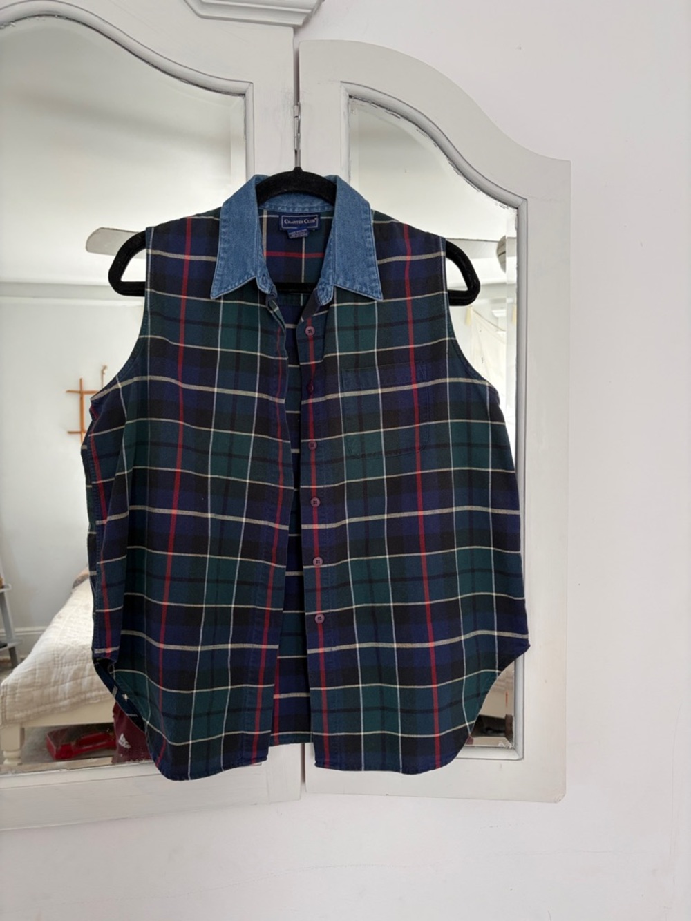 Charter Club Plaid/Denim Sleeveless Button-Up- Large
